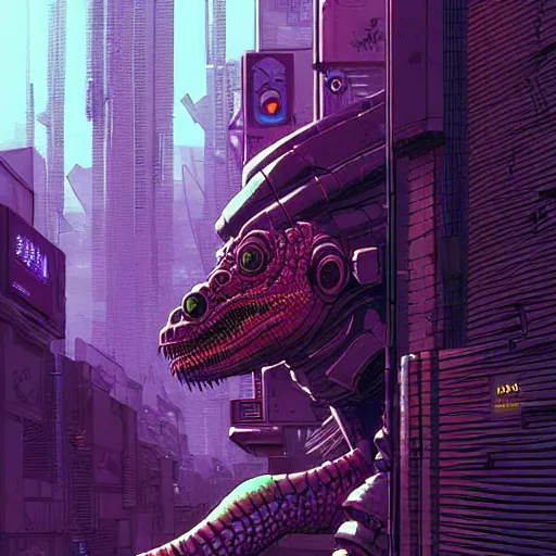 Image similar to A cyberpunk reptile cyborg on the street of a cyberpunk city art by Josan Gonzalez, sci-fi, highly detailed, digital painting, artstation, smooth, sharp focus, illustration, concept art by Josan Gonzalez and James Gurney and Mœbius