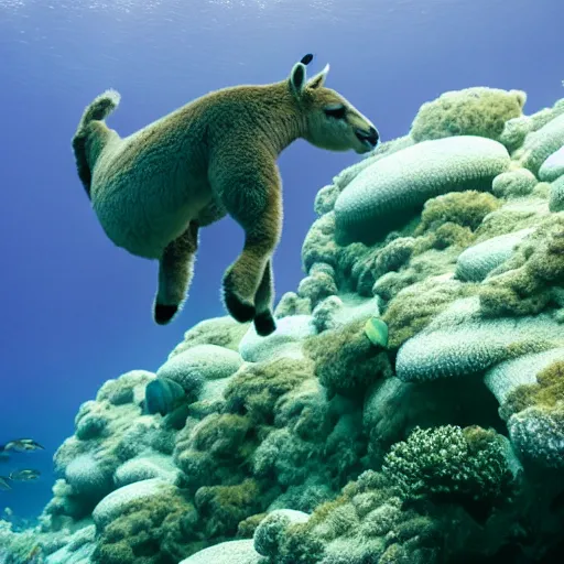 Prompt: an alpaka under water dives through a coral reef, 8k photography