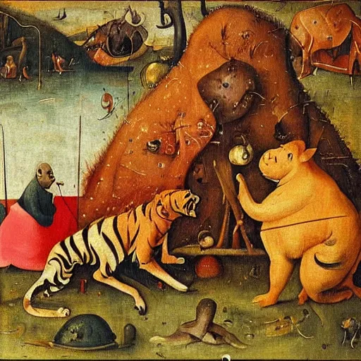 Prompt: in a dream world, a tiger tries to close an important deal, a pig tries to prevent the success of the deal, in the style of hieronymus bosch, part by victor stabin, part by afro, part by cagli, epic composition, insanely quality, only with red and crimson colors, masterpiece