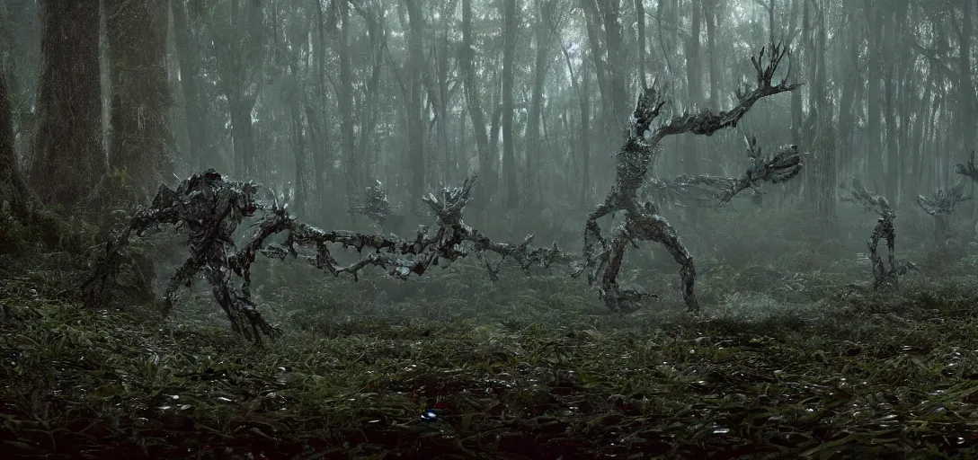 Prompt: a complex organic fractal 3 d metallic symbiotic ceramic humanoid megastructure creature in a swampy lush forest, foggy, cinematic shot, photo still from movie by denis villeneuve