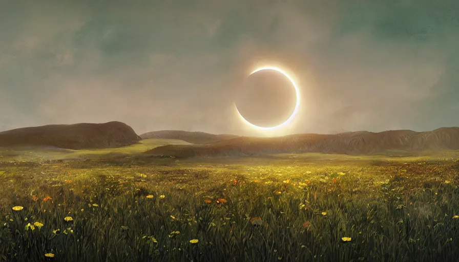 Prompt: solar eclipse in iceland, field with grass and flowers, wind, small forest, matte painting, art station, simon stalenhag