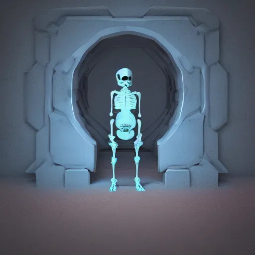 Prompt: A portrait of two skeletons locked hugging as their torso emerges from a portal by Beeple
