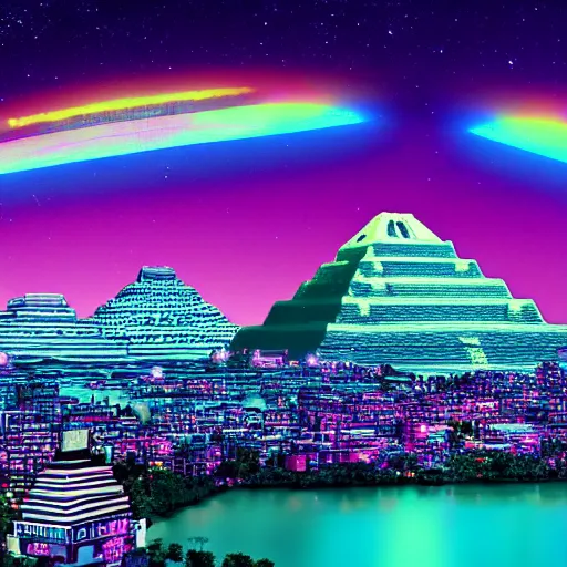 Image similar to cityscape full of mayan pyramids with neons and ufos in the sky viewed from a lake in retrowave style 4 k