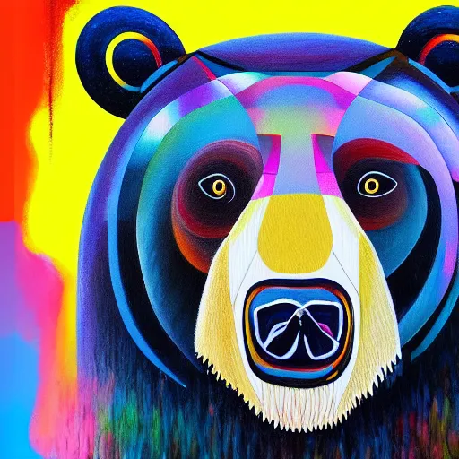 Prompt: a painting of a bear in front of a large screen, a digital rendering by chinwe chukwuogo - roy, behance, neo - dada, behance hd, 3 d, maximalist