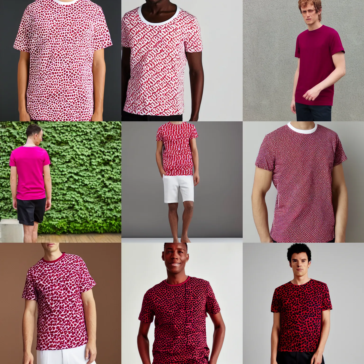 Prompt: a plain white mens t-shirt marimekko raspberry Chitenge