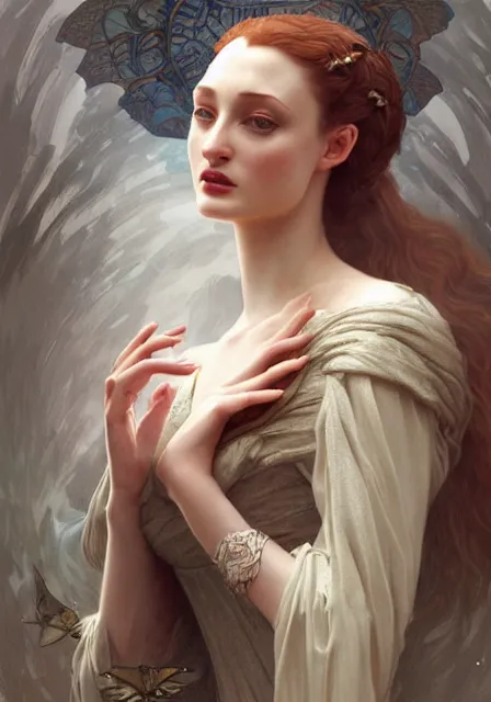 Image similar to sansa angeline jolie, intricate, elegant, highly detailed, digital painting, artstation, concept art, smooth, sharp focus, illustration, art by artgerm and greg rutkowski and alphonse mucha and william - adolphe bouguereau