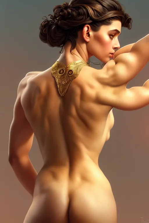 Image similar to 3 / 4 back pose of beautiful greek goddess, by terry o'neill intricate, elegant, highly detailed, digital painting, glistening skin, artstation, concept art, smooth, sharp focus, bright lighting, illustration, art by artgerm and greg rutkowski and alphonse mucha, 8 k