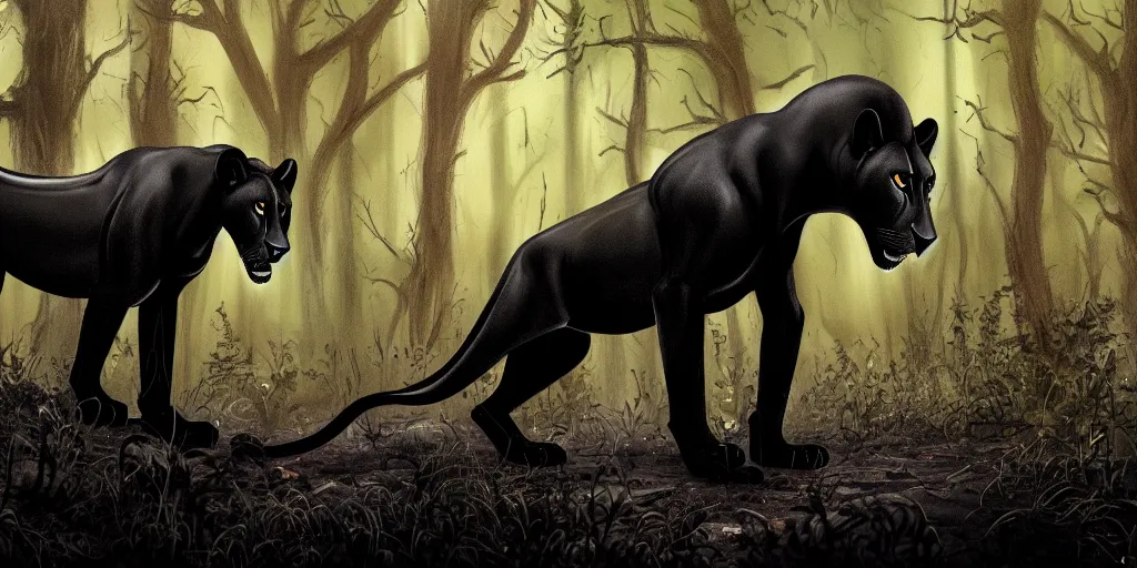 Prompt: a black lioness, made of smooth black goo, prowling through the forest, viscous, sticky, full of tar, covered with black goo. concept art, realism, animal drawing, color, savanna, wildlife photography, black goo, cinematic, in the style of cory loftis