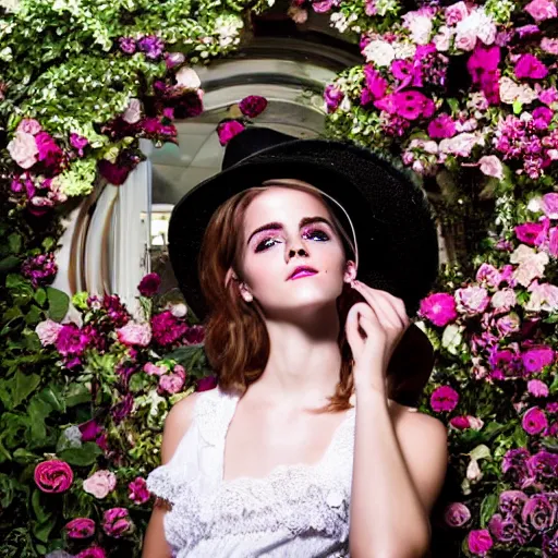 Prompt: wearing raybands full body fashion model emma watson smokey eyes makeup eye shadow fantasy, glow, shimmer as victorian woman in a long white frilly lace dress and a large white hat having tea in a sunroom filled with flowers, roses and lush fern flowers ,intricate, night, highly detailed, dramatic lighting , high quality