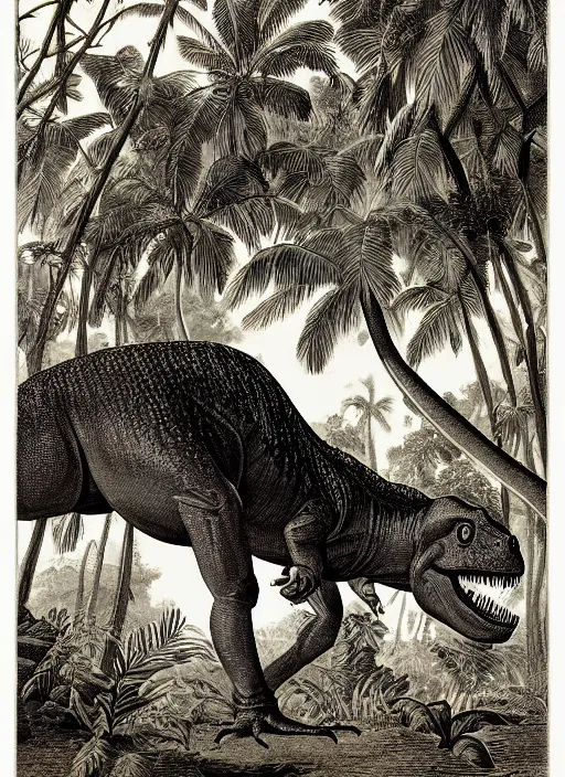 Image similar to a vintage dinosaur in a tropical forest, john james audubon, intaglio 8 k resolution