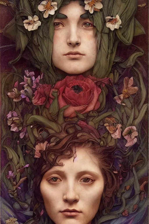 Image similar to flower maiden, by annie swynnerton and tino rodriguez and charlie bowater and tom bagshaw and nicholas roerich and jean delville and evelyn de morgan and lucien freud, dramatic lighting, floral tattoos, rich colors, smooth sharp focus, anime key visual, extremely detailed, adolf wolfli