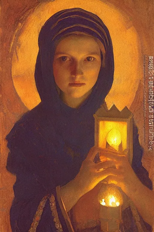 Image similar to queen of the twilight with her lantern , by Annie Swynnerton and Nicholas Roerich and Vermeer, strong dramatic cinematic lighting , ornate headdress , lost civilizations, smooth, sharp focus, extremely detailed