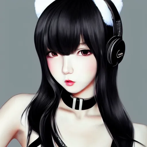 Image similar to realistic beautiful gorgeous natural cute Blackpink Lalisa Manoban black hair fur black cat ears, wearing white camisole summer outfit, headphones, black leather choker artwork drawn full HD 4K highest quality in artstyle by professional artists WLOP, Aztodio, Taejune Kim, Guweiz on Pixiv Instagram Artstation