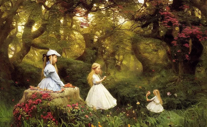 Image similar to alice in the wonderland by peder mørk mønsted and pierre auguste cot and daniel f. gerhartz