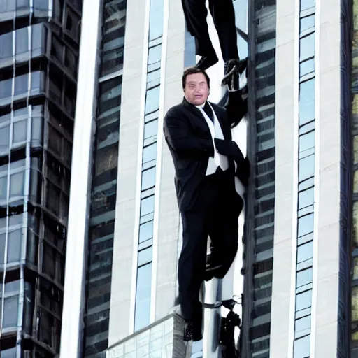 Image similar to Jon Favreau as clean-shaven Happy Hogan wearing a black suit and black necktie and black dress shoes is climbing up the side of a tall building in an urban city. The sky is filled with dark clouds and the mood is ominous.