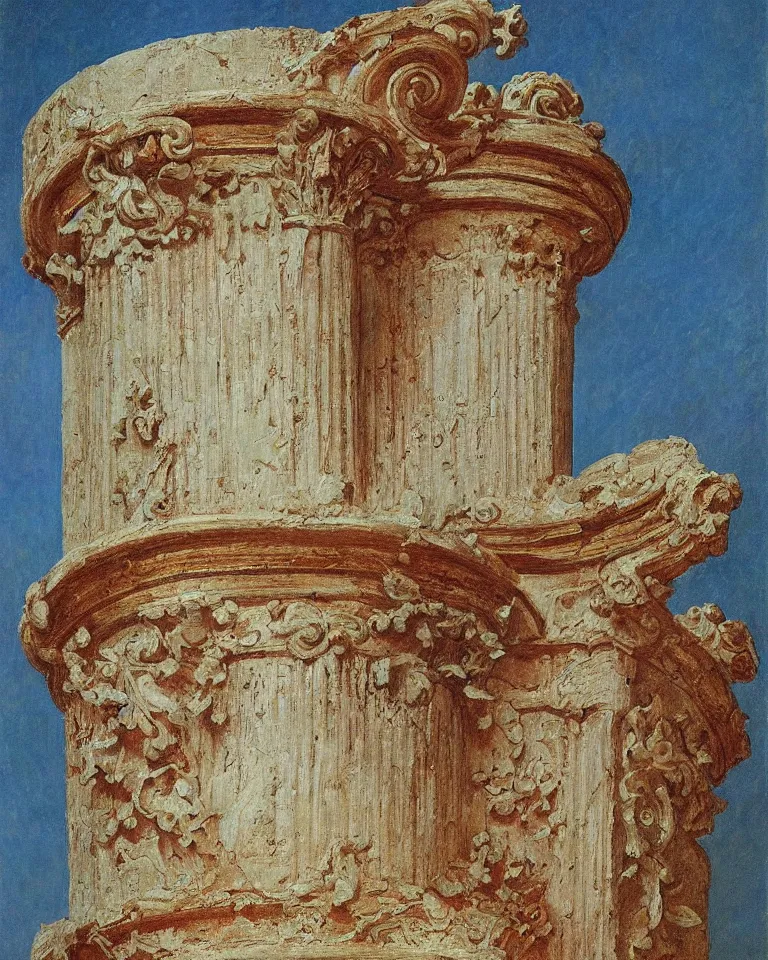 Prompt: achingly beautiful painting of intricate ancient roman corinthian capital on coral background by rene magritte, monet, and turner. giovanni battista piranesi.