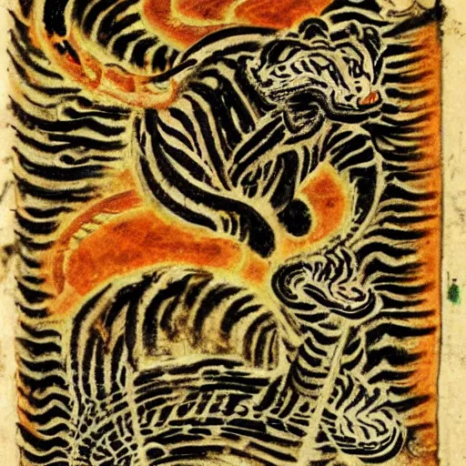 Image similar to bad drawn tiger made of smoke, lava and fire flying in the sky with many legs in a medieval manuscript, medieval manuscript, golden miniatures