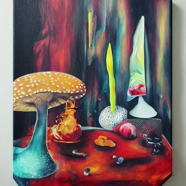 Image similar to “ surrealism, a portrait in a female art student ’ s apartment, mushrooms, sensual, art supplies, a candle dripping white wax, berry juice drips, acrylic and spray paint and oilstick on canvas, neoexpressionism ”