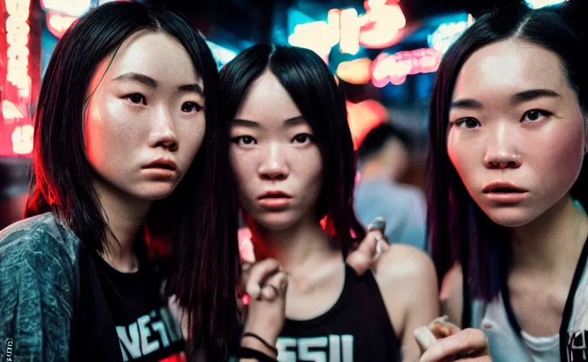 Prompt: cinestill 5 0 d photographic portrait of two female androids wearing streetwear talk at a bar in cyberpunk china, extreme closeup, modern cyberpunk, dust storm, 8 k, hd, high resolution, 3 5 mm, f / 3 2, ultra realistic faces, intricate detail, ex machina