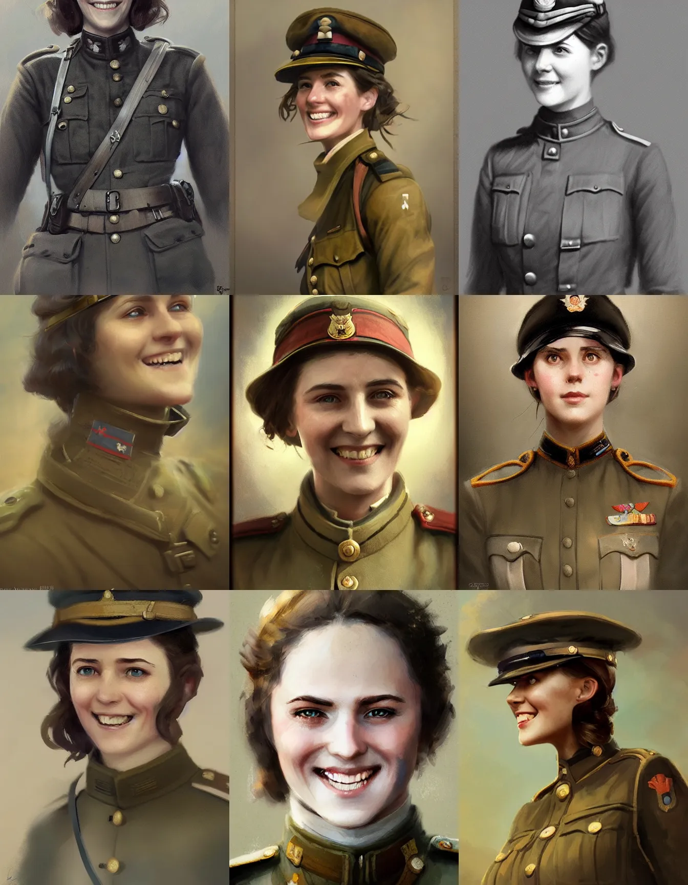 Prompt: young female ww 1 officer, smiling, digital portrait by greg rutkowski, intricate, soft focus, highly detailed, cinematic, epic, artstation