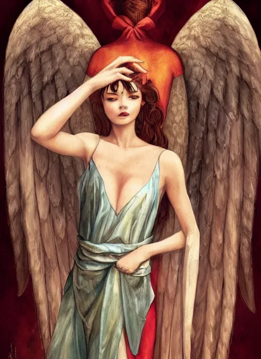 Image similar to a female angel wrapped in cloth, her wings are fallen open by her side, in a roman castle, by tran nguyen and artgerm, warm colors