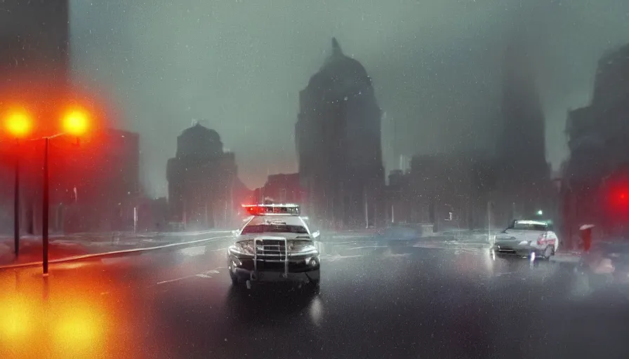 Prompt: cop car crossing washington dc streets during thunderstorm, sirens, hyperdetailed, artstation, cgsociety, 8 k