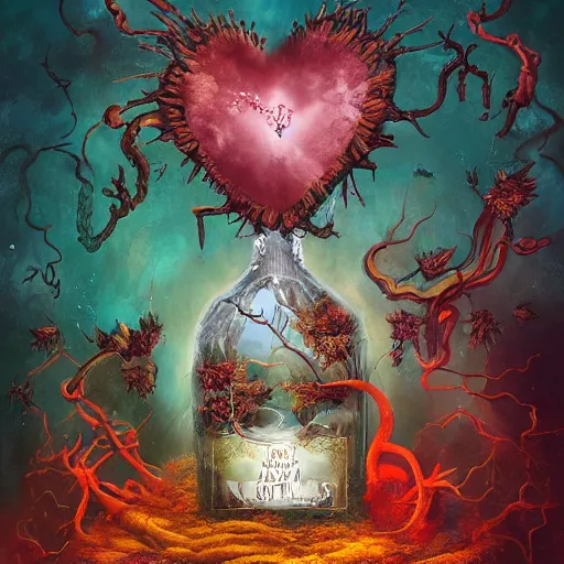 Prompt: Hell and heaven, captured in bottles, a heart full of envy, The Autumn Plague Gardener, Some cosmic angels, digital painting, its softness partakes of fluidity, illustration, deep dark, artstation, intricate, biodiversity in a world of change and constancy, ue5, by deiv calviz and bossmonsterbani