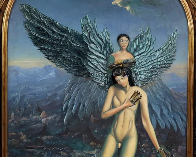 Prompt: a utopian gothic surrealism painting of an cybernetic angel