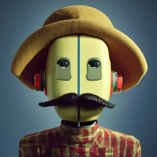 Prompt: portrait of a robot with a moustache wearing beret holding big paintbrush, big head, high detail, beautiful light, depth of field, sharp focus, clean design, 4 k, pixar, low saturation, octane render