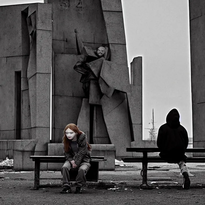 Prompt: sadie sink in hoodie sits on bench in ruined square, pedestrians walk by. background of old soviet monument and pedestrians. storyboard, scifi cyberpunk. by gabriel hardman, joe alves, chris bonura. cinematic atmosphere, detailed and intricate, perfect anatomy