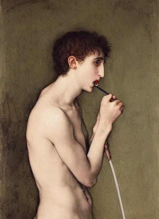 Prompt: (((( a painting of a Timothee Chalamet brushing his teeth, a character portrait by Dürer, behance, pre-raphaelitism, da vinci, pre-raphaelite, detailed painting“