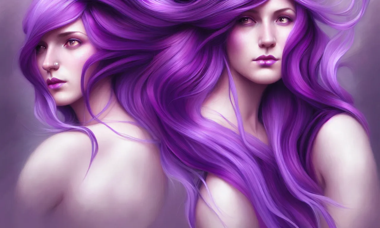 Image similar to Purple hair relistic Portrait of a three woman with bright colored flying hair, all shades of purple. Beauty face, Hair coloring, fantasy, intricate, elegant, highly detailed, digital painting, artstation, concept art, smooth, sharp focus, illustration, art by artgerm and greg rutkowski and alphonse mucha