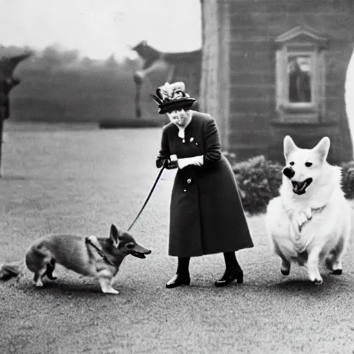 Image similar to historical photo of queen elizabeth and her corgis defeating hitler in hand to hand combat, natural sunlight, sharp focus, highly detailed, depth of field