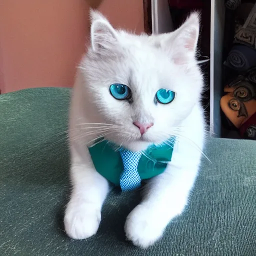 Image similar to fluffy white cate with green and blue eyes wearing a suit and tie