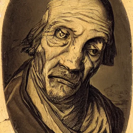 Prompt: A 17th Century beggar, with the letter B carved on his forehead, filthy, haggard, no teeth, dirty hair, Breughel