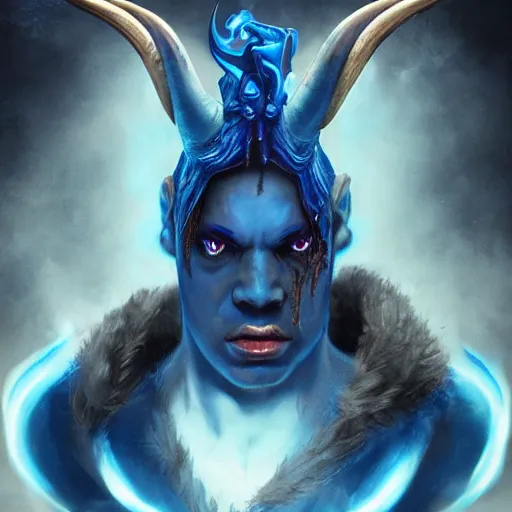 Prompt: blue djinn, demon, horns, 3rd eye, by Maciej Kuciara and Jason Chan, ominous, cosmic horror, trending on artstation, Ultra detailed, hyper realistic