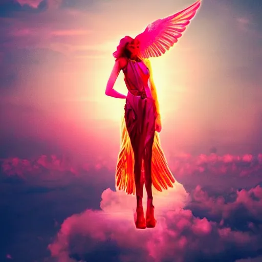 Prompt: a goddess wearing a flamingo fashion up there in sky, sci - fi aesthetics, on fire, photoshop, colossal, creative and cool, giant, digital art, photo manipulation, clouds