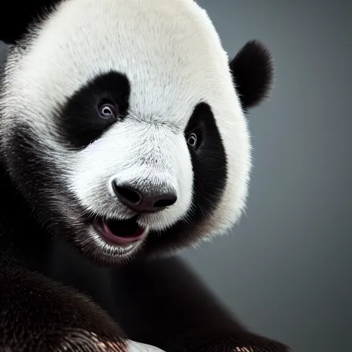 Image similar to A bored baby Panda yawning while working on his laptop, hyperrealistic, highly detailed, depth of field, High definition, 8k, octane render, artstation