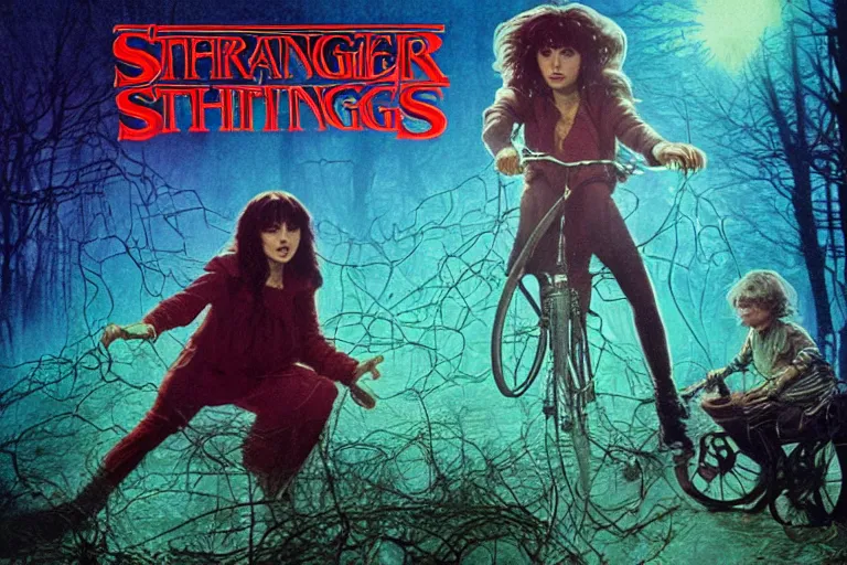 Image similar to Kate Bush fighting Vecna in Stranger Things, by Drew Struzan, 4K