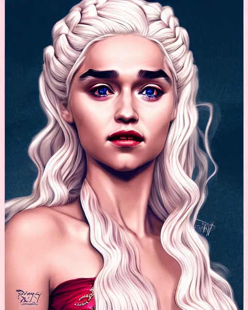 Image similar to closeup portrait beautiful seductive daenerys targaryen with long blonde windblown hair in an ornate royal dress, standing on a street in chinatown, pink lipstick, glamour pose, detailed illustration, digital art, trending on artstation, arney freytag, frank miller, moebius, graffiti, gta v,