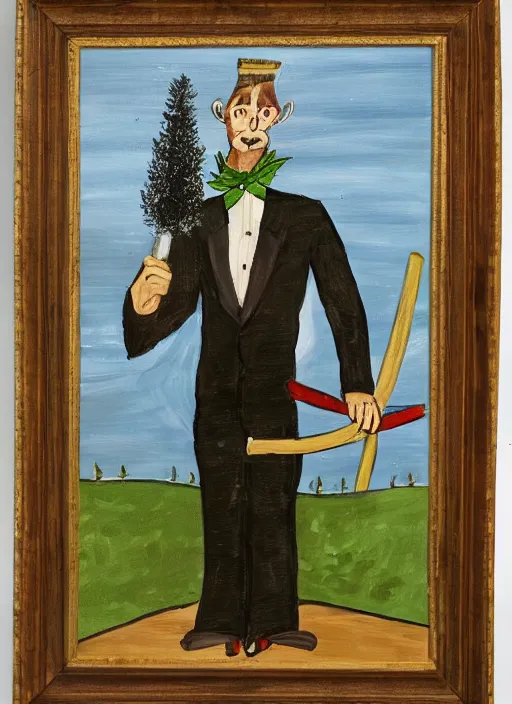 Prompt: painting of a tree person wearing a tuxedo holding two swords in his wooden hands