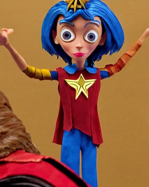 Image similar to steve buscemi dressed as wonder woman as a highly detailed stop motion puppet, in the style of laika studios ’ s paranorman, coraline, kubo and the two strings shot in the style