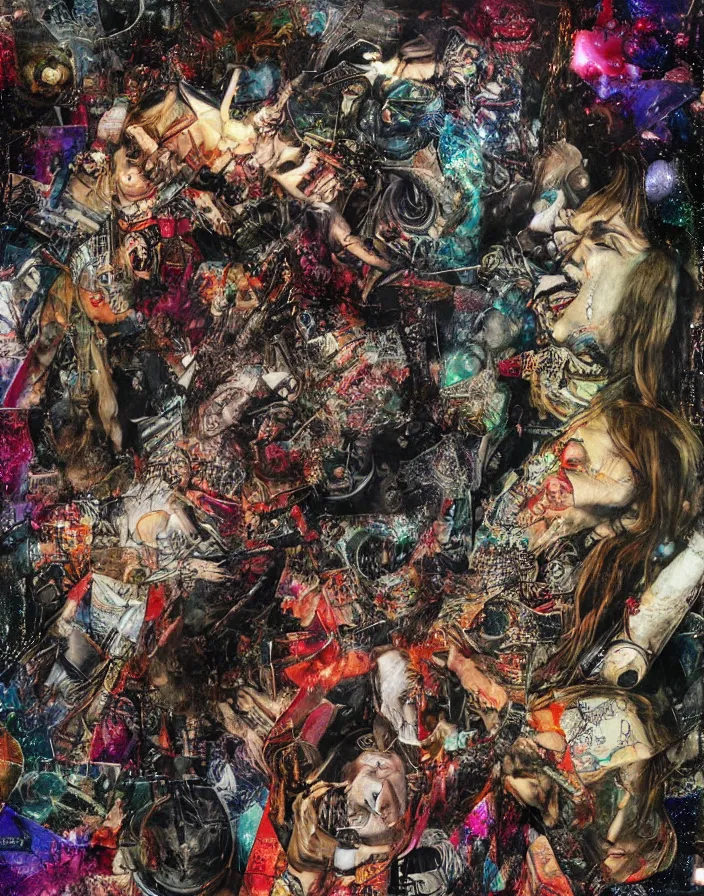 Prompt: rocknroll celestial orgasm detailed and highly reliefed analogue mixed media collage with texture in style of contemporary art, punk art, rendered human, photorealistic, expressionism, masterpiece, perfect composition, hd quality, intricate details
