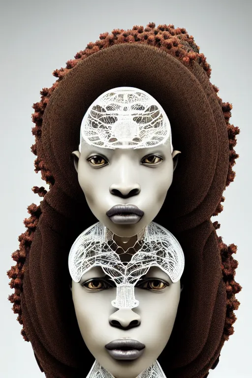 Prompt: complex, fascinating biomechanical afro female cyborg with a delicate fragile porcelain profile face, analog, 150 mm lens, beautiful natural soft rim light, big leaves and stems, roots, fine foliage lace, silver dechroic details, massai warrior, Alexander Mcqueen high fashion haute couture, pearl earring, art nouveau fashion embroidered, steampunk, intricate details, mesh wire, mandelbrot fractal, anatomical, facial muscles, cable wires, microchip, elegant, red lips, hyper realistic, ultra detailed, octane render, H.R. Giger style, volumetric lighting, 8k post-production