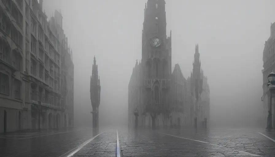 Image similar to empty streets od neo - gothic brussels in fog, wet ground, hyperdetailed, artstation, cgsociety, 8 k