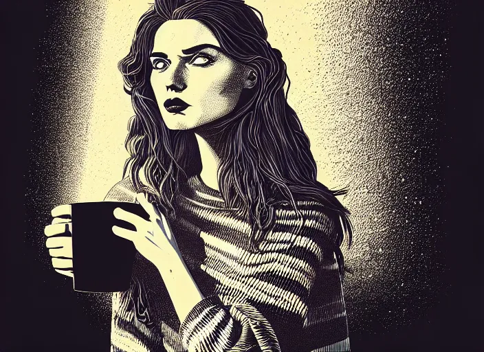 Prompt: portrait of a long haired heroine drinking coffee,vivid, Mads Berg, Karolis Strautniekas, dramatic lighting,film grain, editorial illustration, detailed, gradation, dynamic composition,moody, cinematic,extreme perspective,bright colors, art deco illustration, stippled shading, risograph