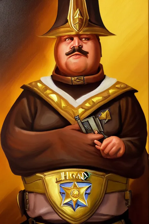Image similar to high elf mall cop with a sheriff's badge that is fat, shifty, and incompetent, RPG portrait from the chest up, Oil Painting, dramatic lighting, renaissance