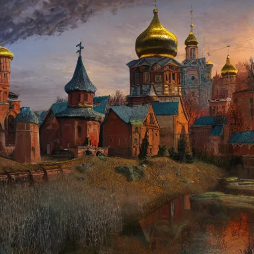 Prompt: photo ancient Slavic Russian city of Kitezh, concept art, painting by Viktor Vasnetsov, magical city, fantasy cityscape, ancient Slavs, wooden buildings, ancient Russian architecture, terem, hyperborea, top cinematic lighting , very detailed, 8k, high resolution