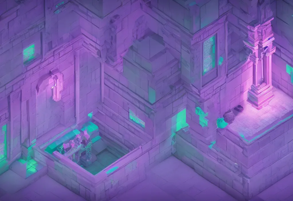 Image similar to isometric magicavoxel Bloodborne vaporwave cinematic lighting, 4k