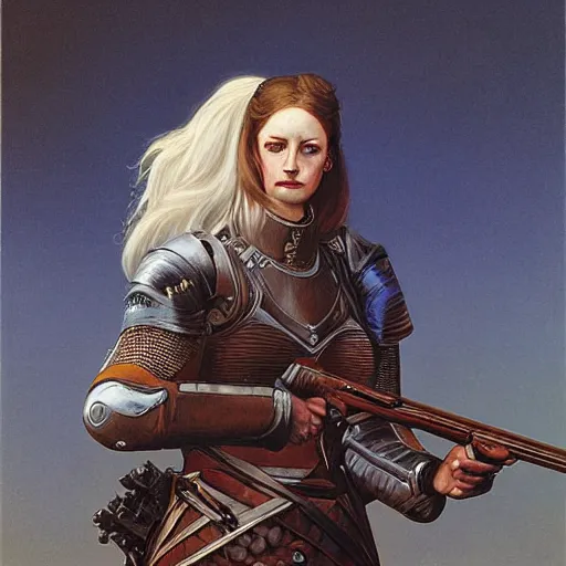 Prompt: portrait of a female knight with a shotgun, by gerald brom